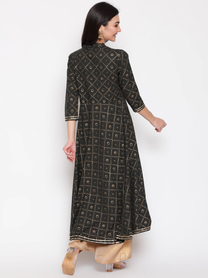 Cotton Printed Mandarin Neck 3/4 Sleeve Flared Ankle Length Ethnic Kurta
