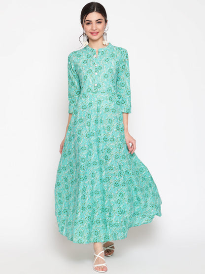Cotton Printed Mandarin Neck 3/4 Sleeve Flared Ankle Length Ethnic Kurta