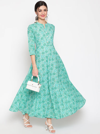 Cotton Printed Mandarin Neck 3/4 Sleeve Flared Ankle Length Ethnic Kurta