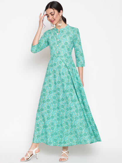 Cotton Printed Mandarin Neck 3/4 Sleeve Flared Ankle Length Ethnic Kurta