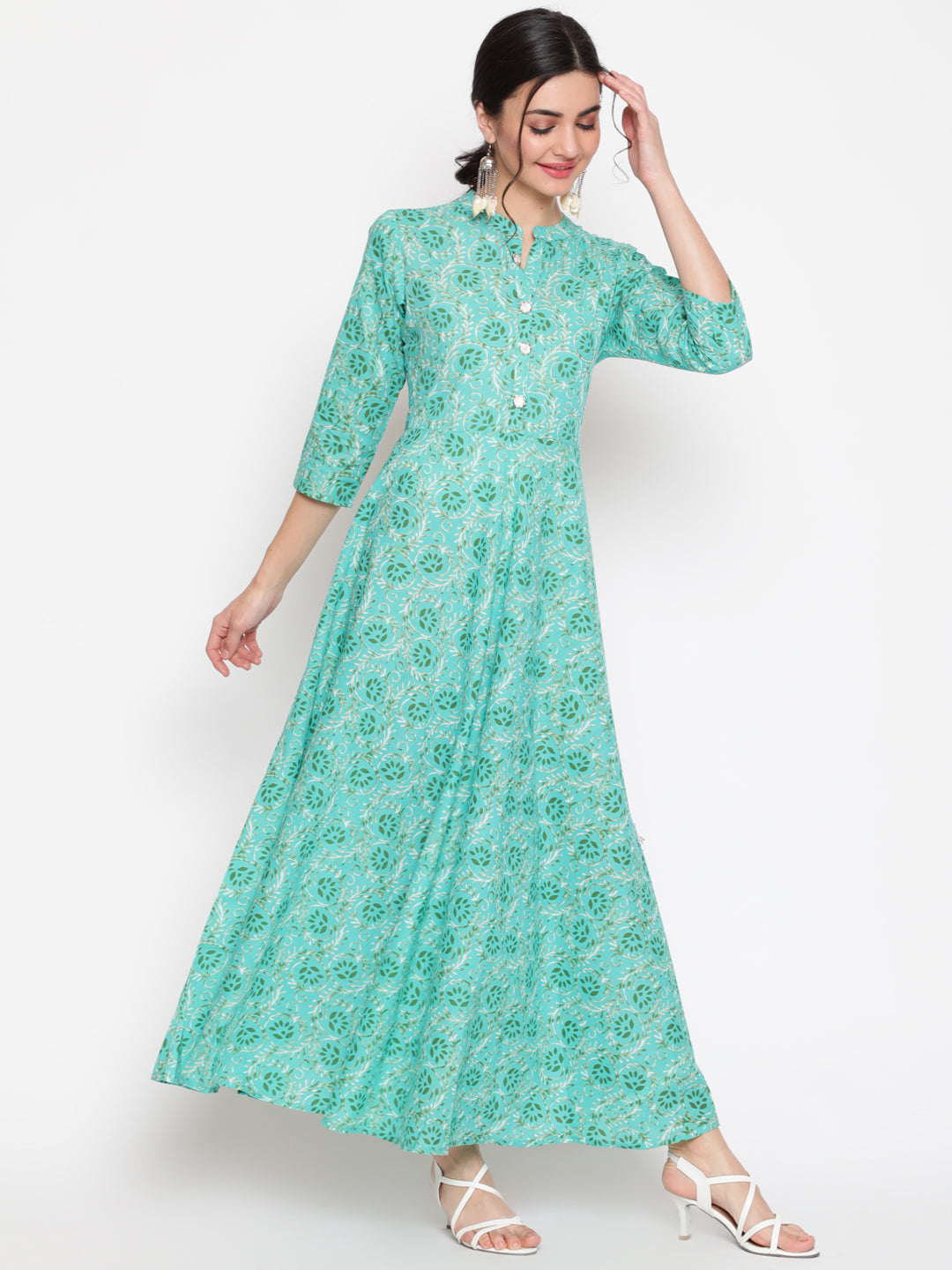 Cotton Printed Mandarin Neck 3/4 Sleeve Flared Ankle Length Ethnic Kurta