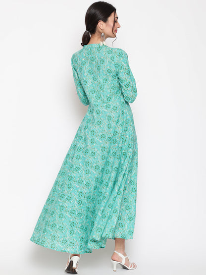 Cotton Printed Mandarin Neck 3/4 Sleeve Flared Ankle Length Ethnic Kurta