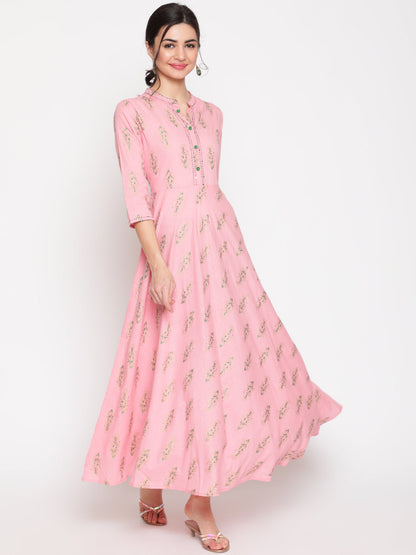 Cotton Printed Mandarin Neck 3/4 Sleeve Flared Ankle Length Ethnic Kurta