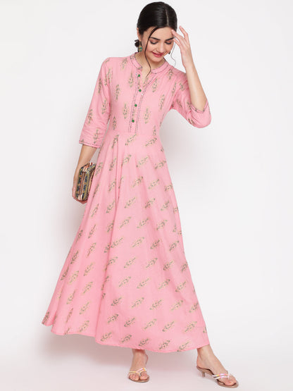 Cotton Printed Mandarin Neck 3/4 Sleeve Flared Ankle Length Ethnic Kurta