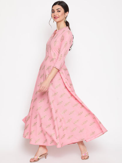 Cotton Printed Mandarin Neck 3/4 Sleeve Flared Ankle Length Ethnic Kurta
