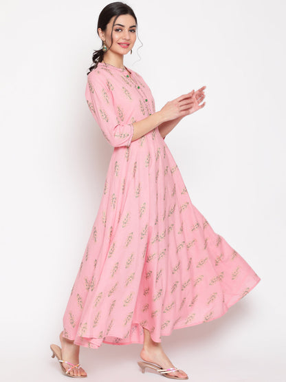 Cotton Printed Mandarin Neck 3/4 Sleeve Flared Ankle Length Ethnic Kurta