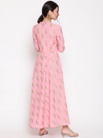 Cotton Printed Mandarin Neck 3/4 Sleeve Flared Ankle Length Ethnic Kurta
