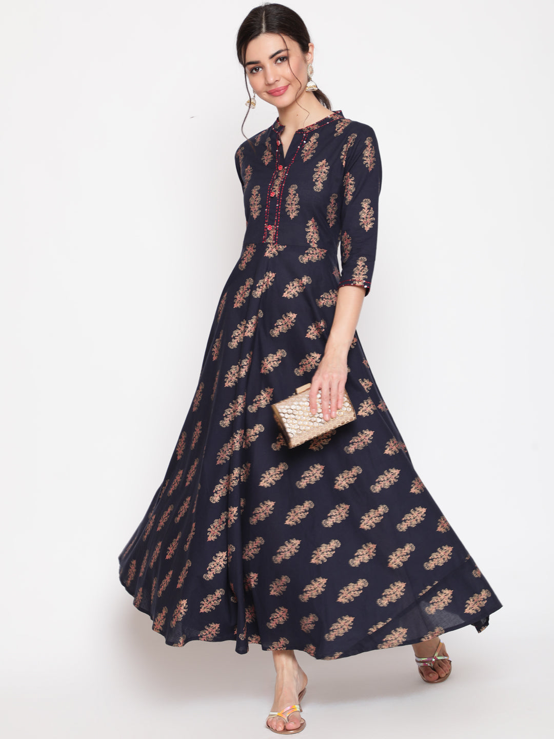 Cotton Printed Mandarin Neck 3/4 Sleeve Flared Ankle Length Ethnic Kurta