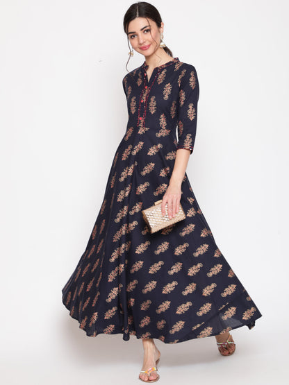 Cotton Printed Mandarin Neck 3/4 Sleeve Flared Ankle Length Ethnic Kurta
