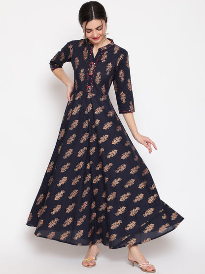 Cotton Printed Mandarin Neck 3/4 Sleeve Flared Ankle Length Ethnic Kurta