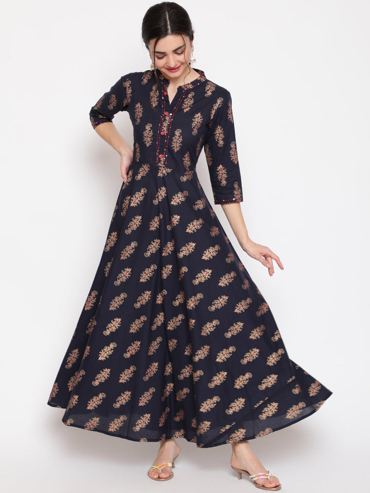 Cotton Printed Mandarin Neck 3/4 Sleeve Flared Ankle Length Ethnic Kurta