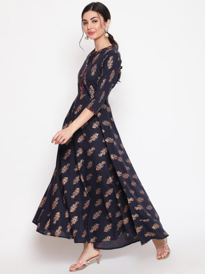 Cotton Printed Mandarin Neck 3/4 Sleeve Flared Ankle Length Ethnic Kurta