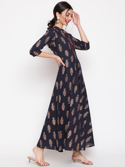 Cotton Printed Mandarin Neck 3/4 Sleeve Flared Ankle Length Ethnic Kurta