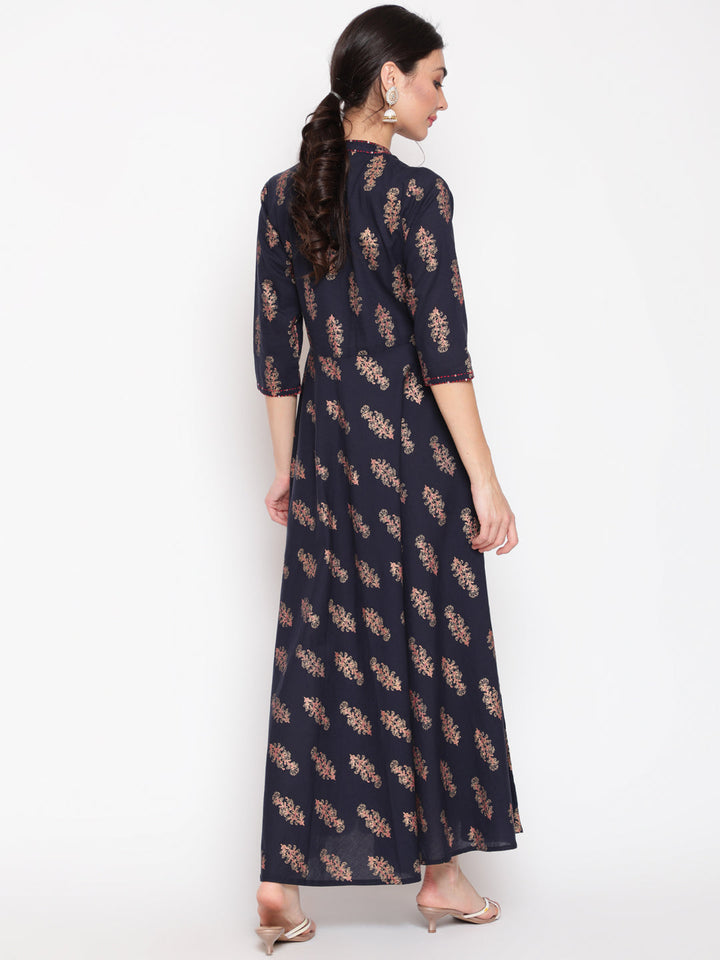 Cotton Printed Mandarin Neck 3/4 Sleeve Flared Ankle Length Ethnic Kurta