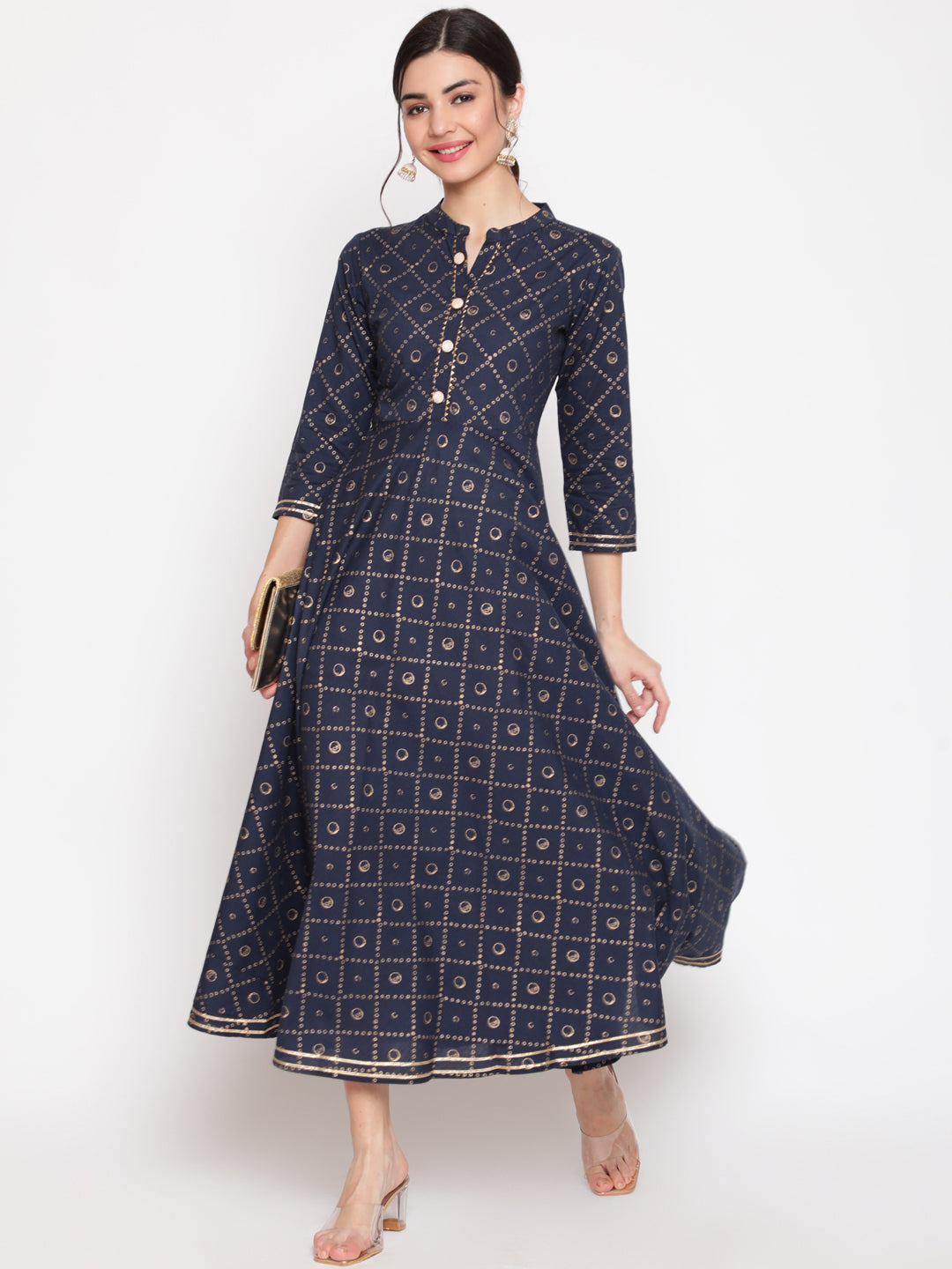 Cotton Printed Mandarin Neck 3/4 Sleeve Flared Ankle Length Ethnic Kurta