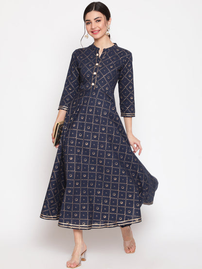 Cotton Printed Mandarin Neck 3/4 Sleeve Flared Ankle Length Ethnic Kurta