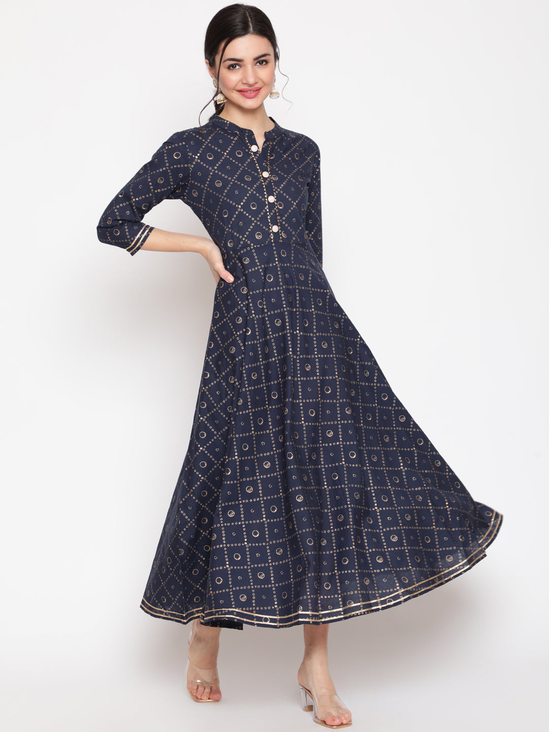 Cotton Printed Mandarin Neck 3/4 Sleeve Flared Ankle Length Ethnic Kurta