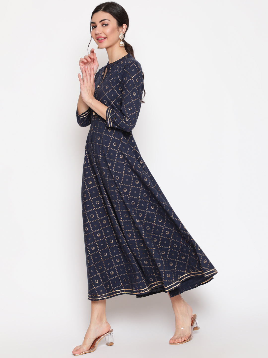 Cotton Printed Mandarin Neck 3/4 Sleeve Flared Ankle Length Ethnic Kurta