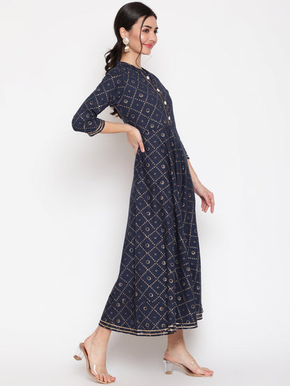 Cotton Printed Mandarin Neck 3/4 Sleeve Flared Ankle Length Ethnic Kurta