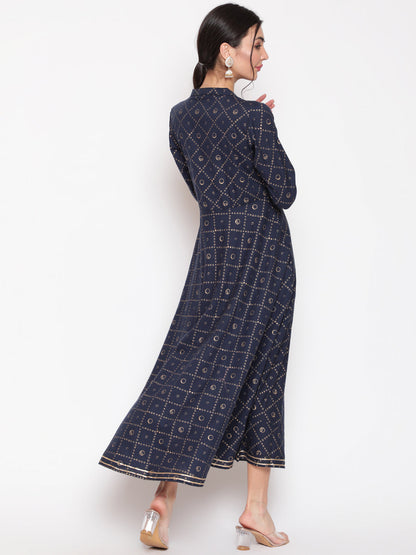 Cotton Printed Mandarin Neck 3/4 Sleeve Flared Ankle Length Ethnic Kurta