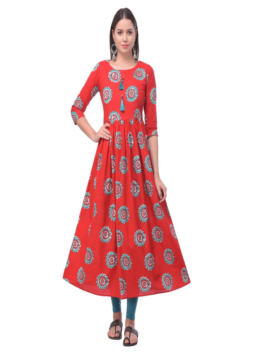 Cotton Printed Round Neck 3/4 Sleeve Flared Ankle Length