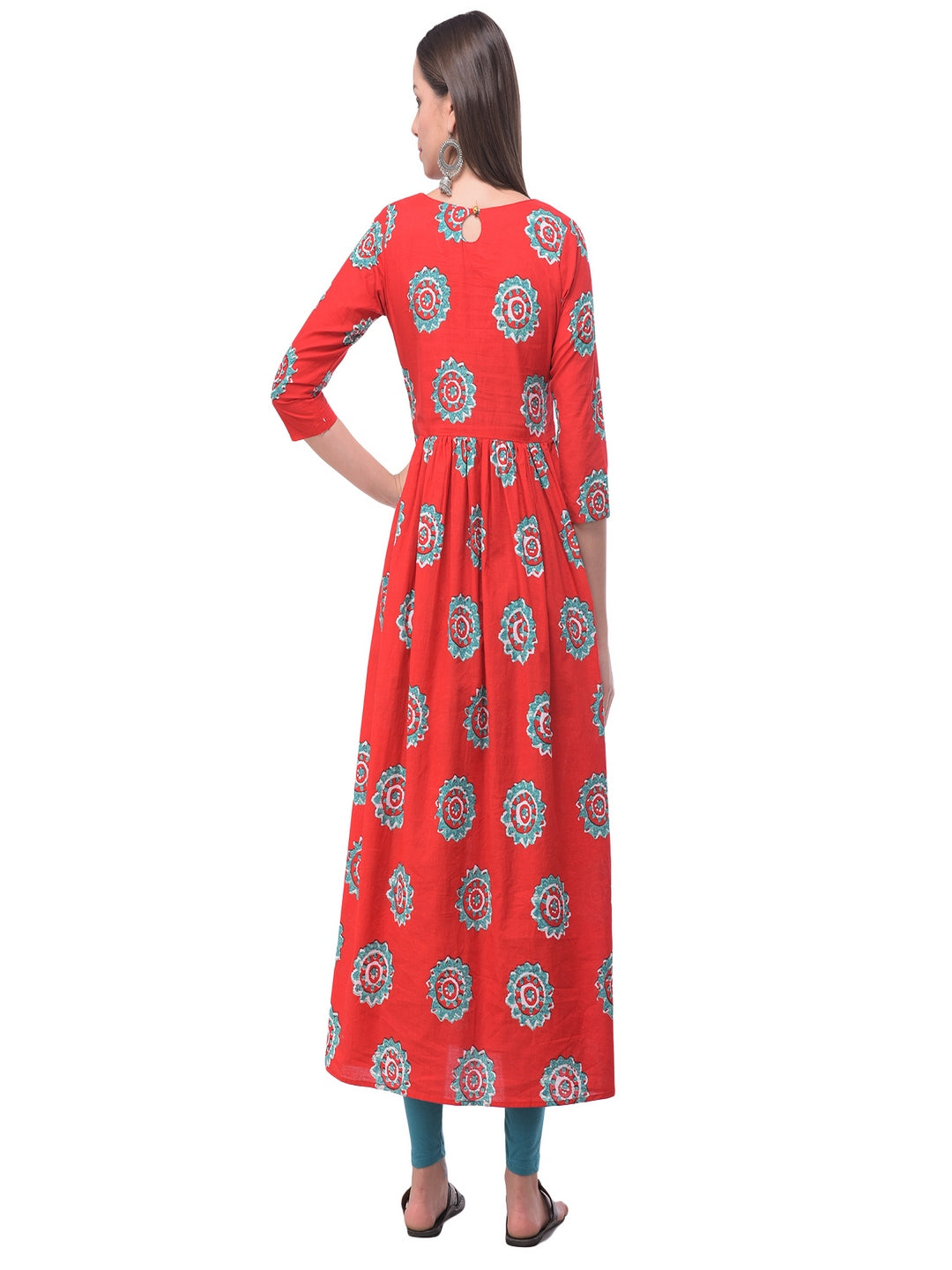 Cotton Printed Round Neck 3/4 Sleeve Flared Ankle Length