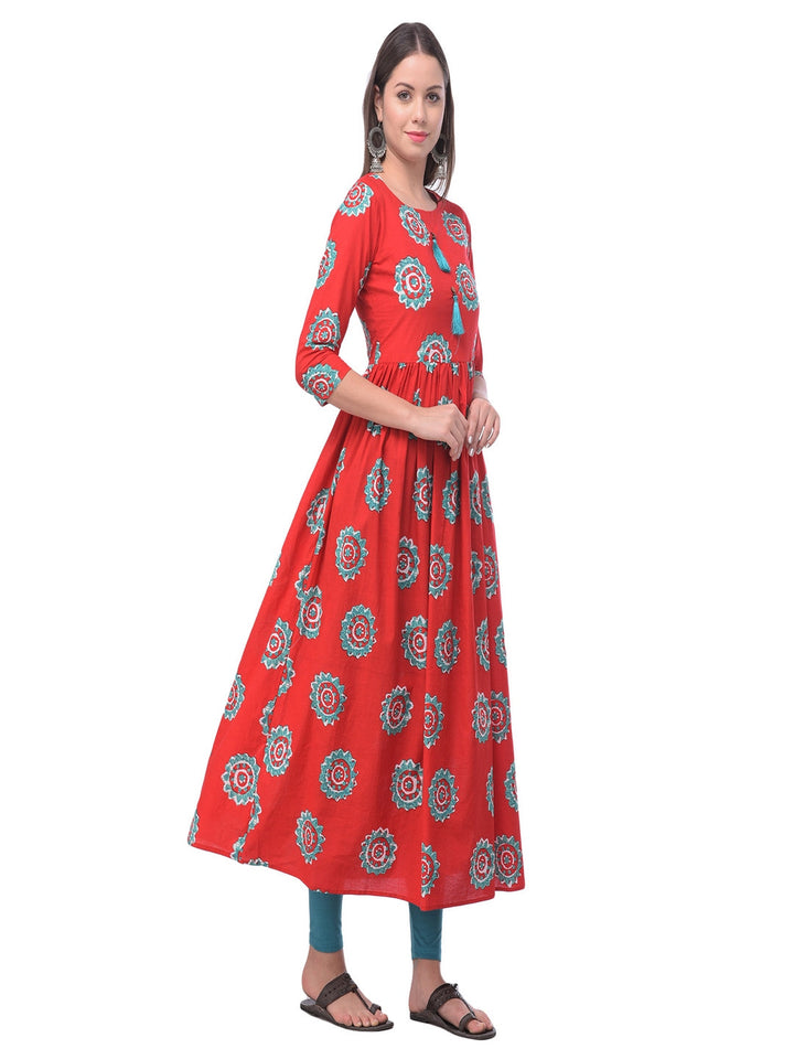 Cotton Printed Round Neck 3/4 Sleeve Flared Ankle Length