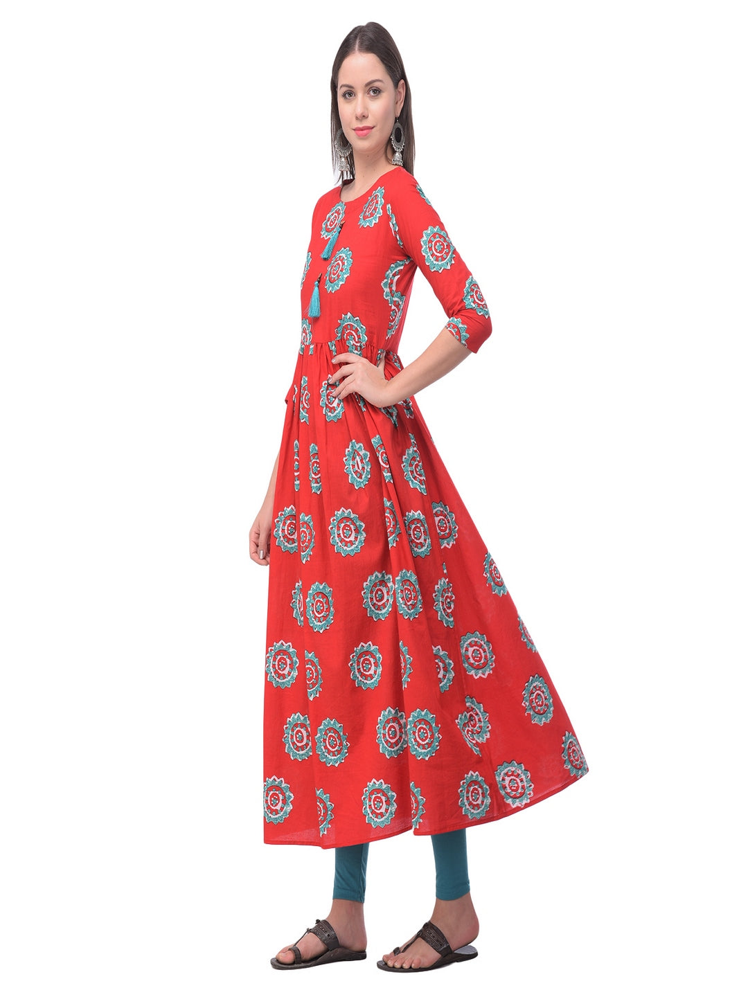 Cotton Printed Round Neck 3/4 Sleeve Flared Ankle Length