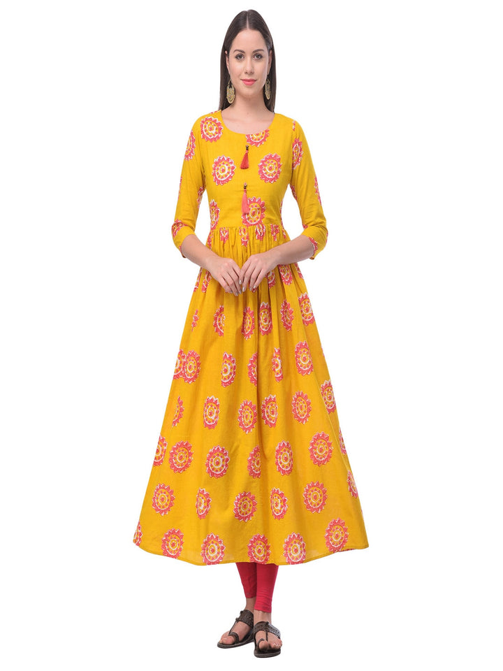 Cotton Printed Round Neck 3/4 Sleeve Flared Ankle Length