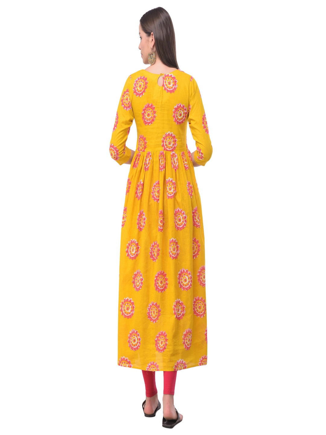 Cotton Printed Round Neck 3/4 Sleeve Flared Ankle Length