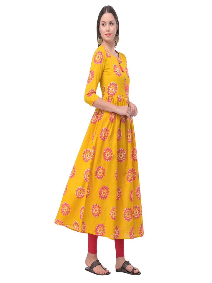 Cotton Printed Round Neck 3/4 Sleeve Flared Ankle Length