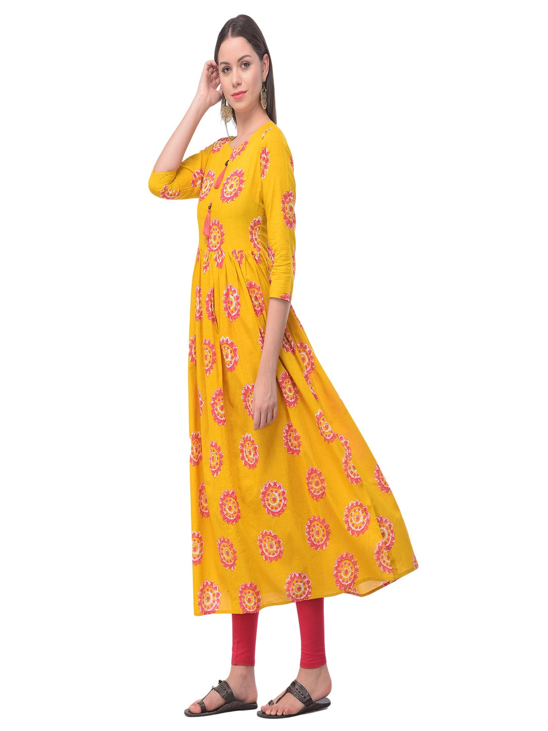 Cotton Printed Round Neck 3/4 Sleeve Flared Ankle Length