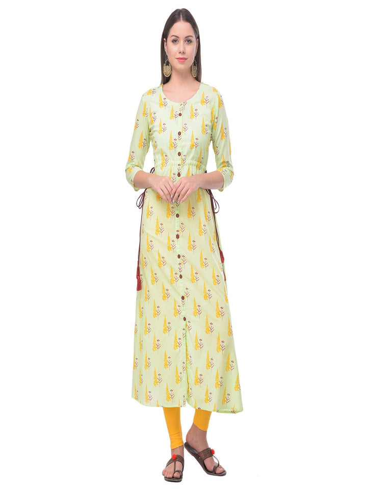 Cotton Printed Round Neck 3/4 Sleeve A-Line Calf Length