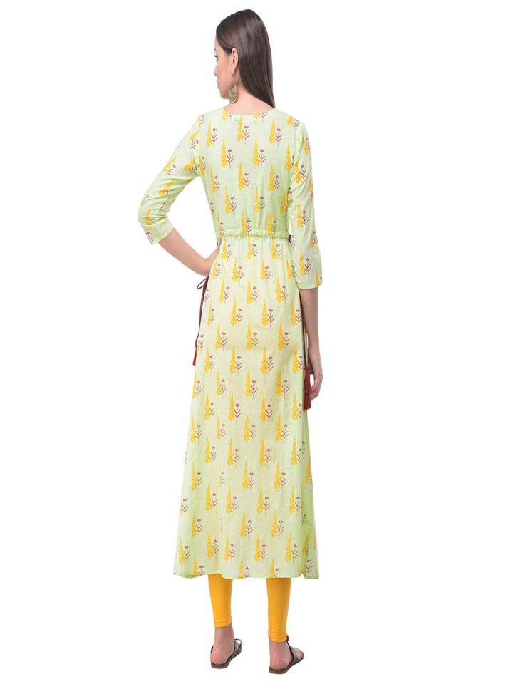 Cotton Printed Round Neck 3/4 Sleeve A-Line Calf Length