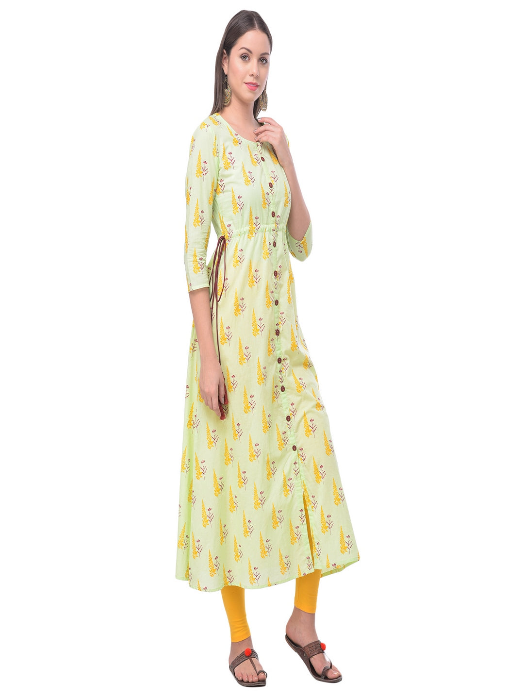 Cotton Printed Round Neck 3/4 Sleeve A-Line Calf Length