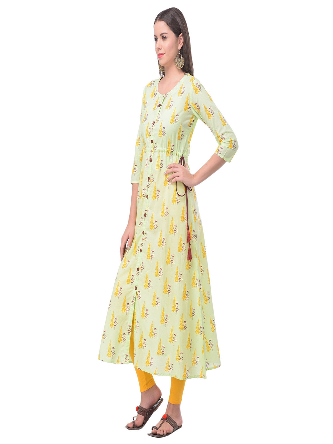 Cotton Printed Round Neck 3/4 Sleeve A-Line Calf Length