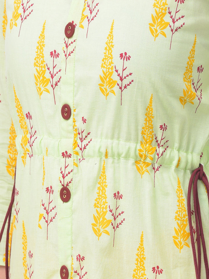 Cotton Printed Round Neck 3/4 Sleeve A-Line Calf Length