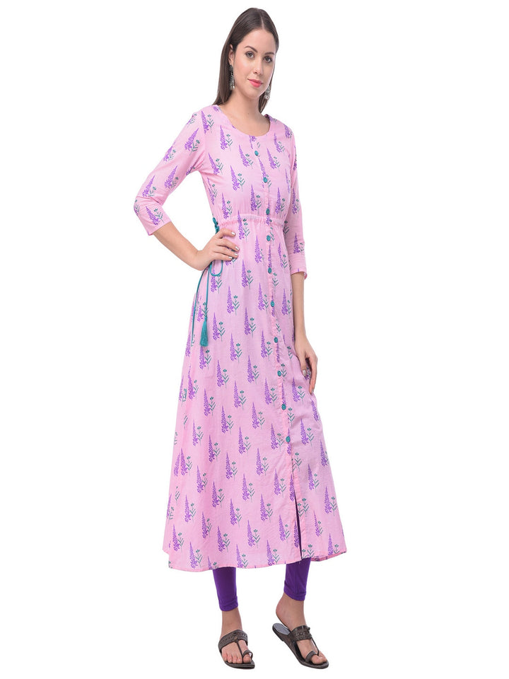 Cotton Printed Round Neck 3/4 Sleeve A-Line Calf Length