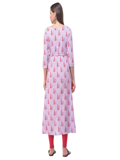 Cotton Printed Round Neck 3/4 Sleeve A-Line Calf Length