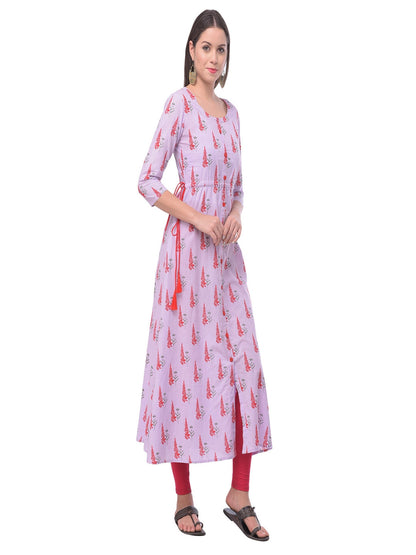 Cotton Printed Round Neck 3/4 Sleeve A-Line Calf Length
