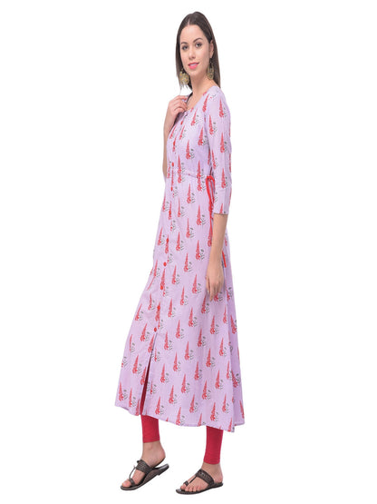 Cotton Printed Round Neck 3/4 Sleeve A-Line Calf Length