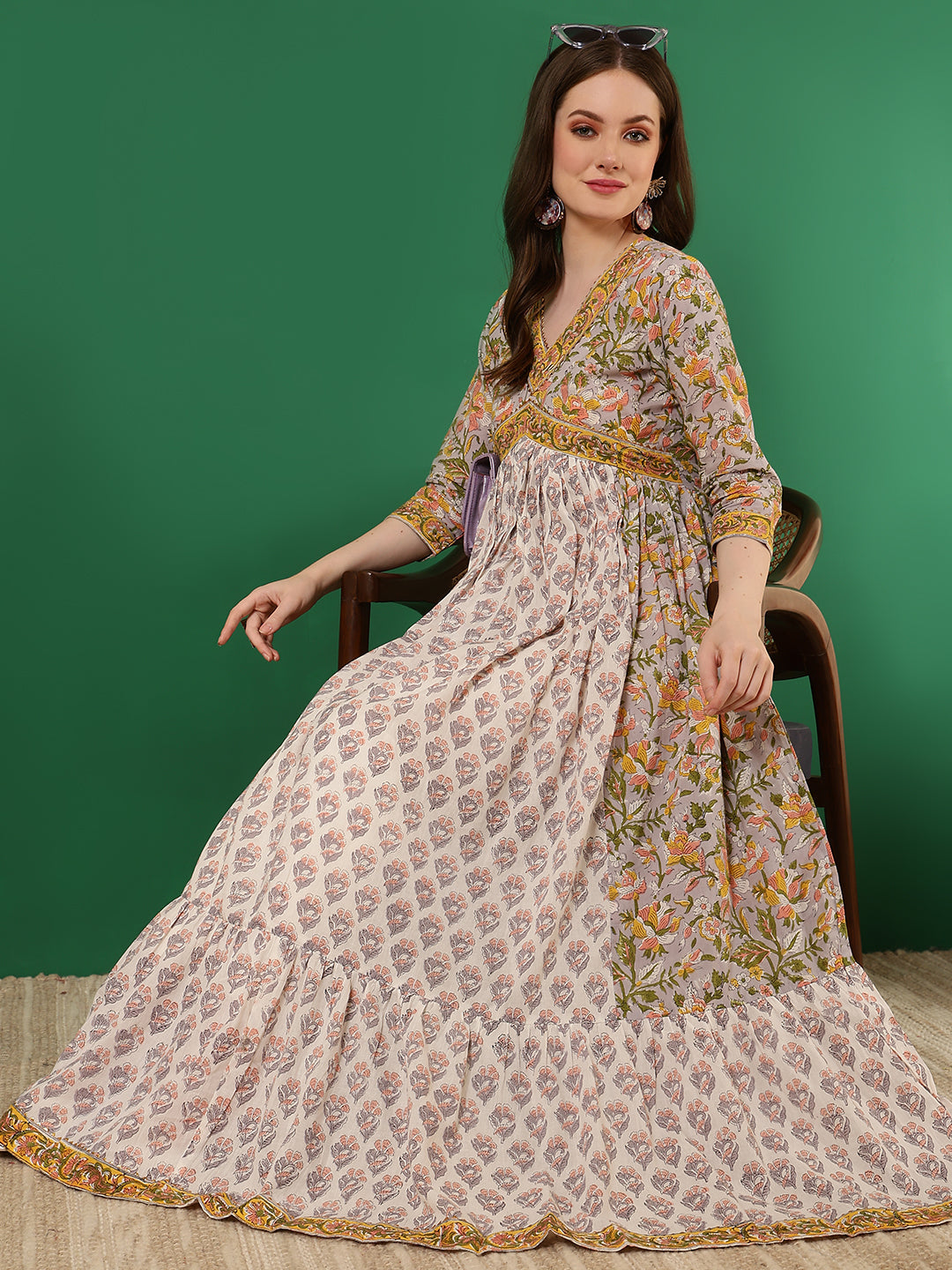 Cotton Printed Ankle Length 3/4 Sleeve V-Neck Alia Cut Tiered Kurta