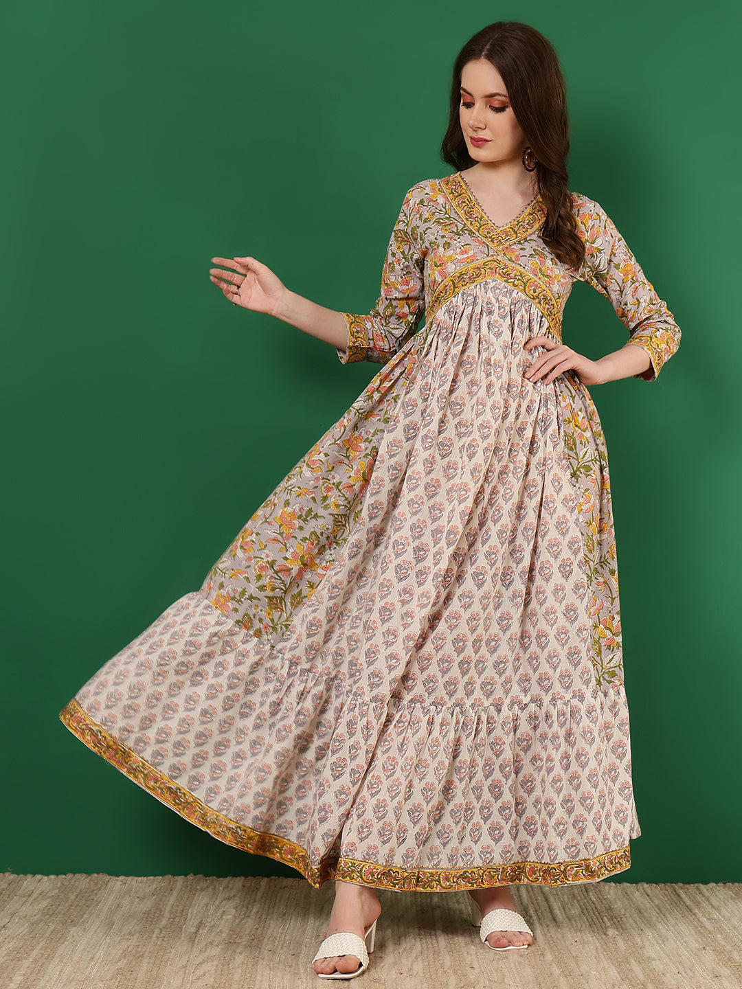 Cotton Printed Ankle Length 3/4 Sleeve V-Neck Alia Cut Tiered Kurta