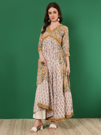Cotton Printed Ankle Length 3/4 Sleeve V-Neck Alia Cut Tiered Kurta