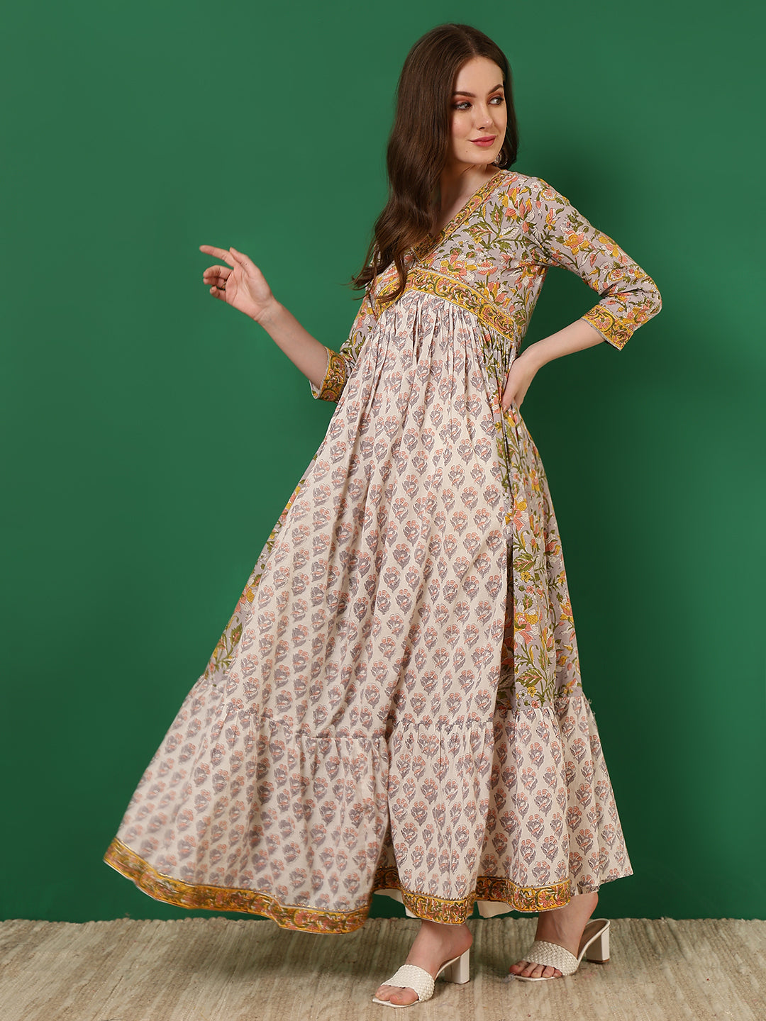 Cotton Printed Ankle Length 3/4 Sleeve V-Neck Alia Cut Tiered Kurta