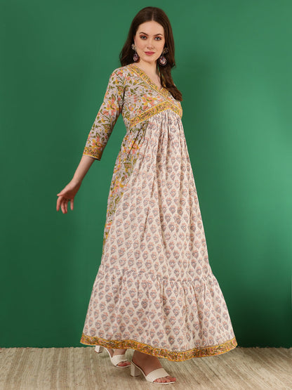 Cotton Printed Ankle Length 3/4 Sleeve V-Neck Alia Cut Tiered Kurta