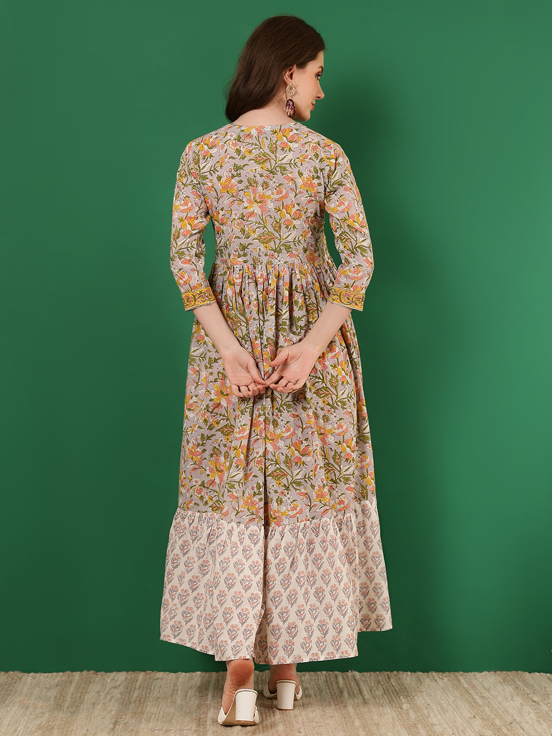 Cotton Printed Ankle Length 3/4 Sleeve V-Neck Alia Cut Tiered Kurta