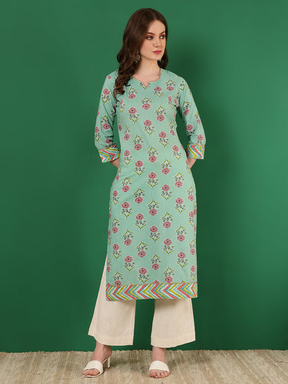 Cotton Printed Calf Length 3/4 Sleeve Round Neck Straight Kurta