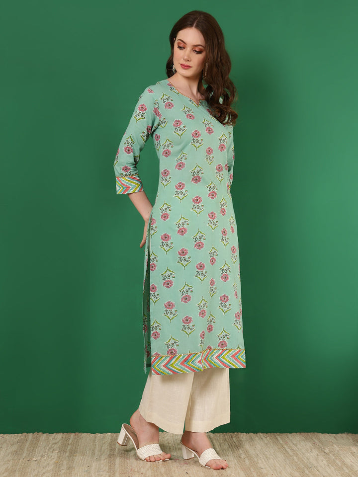Cotton Printed Calf Length 3/4 Sleeve Round Neck Straight Kurta