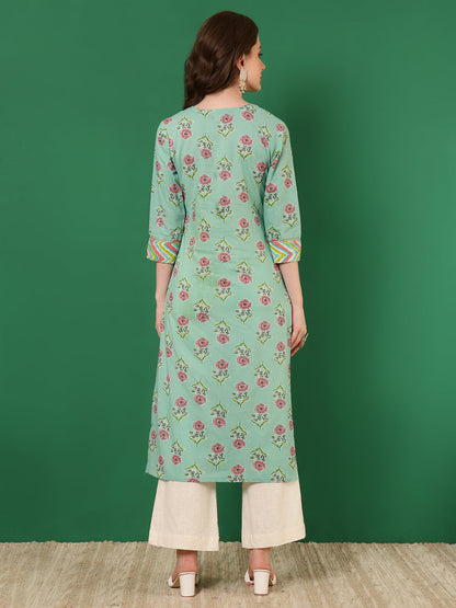 Cotton Printed Calf Length 3/4 Sleeve Round Neck Straight Kurta